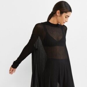 Draped Tunic Sheer Black Top, High Low Tunic,  Long Sleeve